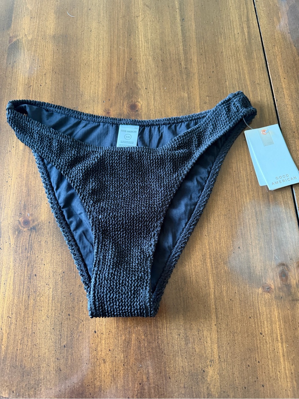 Good American Black Textured High-Cut Bikini Bottoms